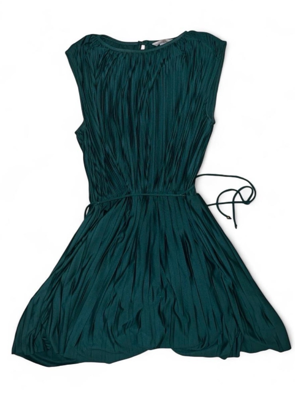 H&M Sleeveless Teal Green Pleated Waist-Tie Dress